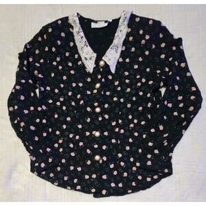 Maggie Lawrence Long Sleeve Floral Blouse Small Lace Collar Shirt Vintage 80s‎